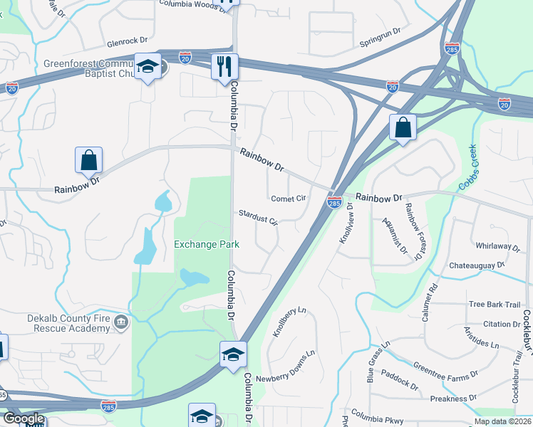 map of restaurants, bars, coffee shops, grocery stores, and more near 3415 Stardust Circle in Decatur