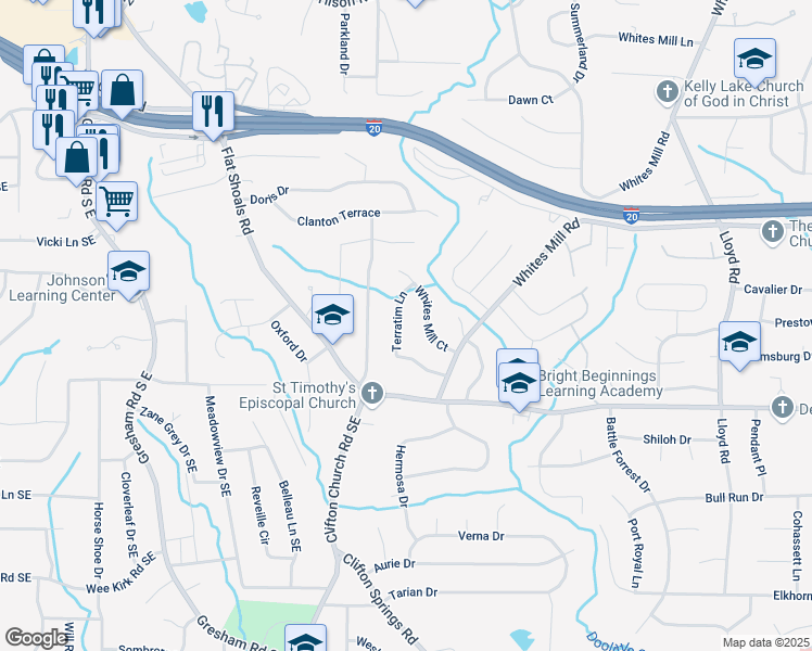 map of restaurants, bars, coffee shops, grocery stores, and more near 2704 Terratim Lane in Decatur