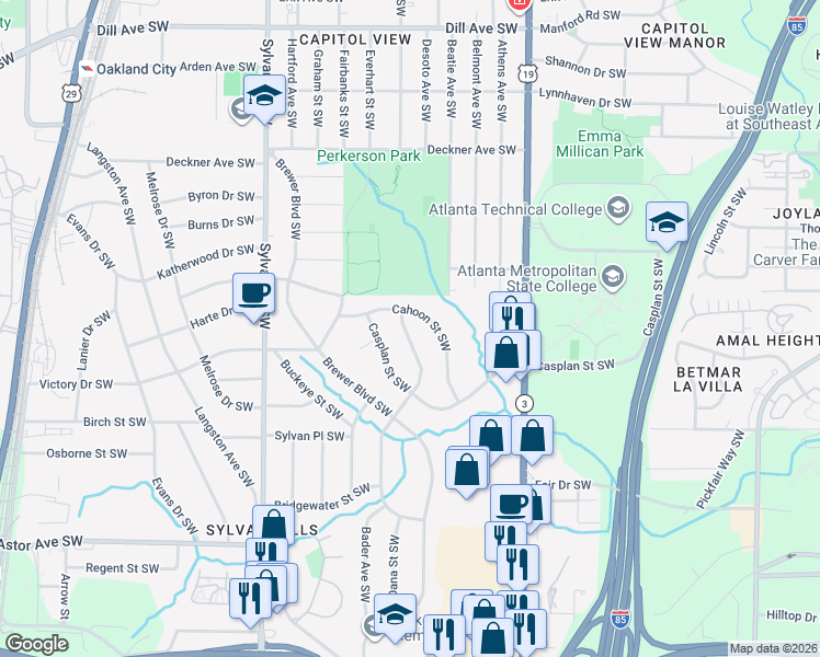 map of restaurants, bars, coffee shops, grocery stores, and more near 1696 Lisbon Drive Southwest in Atlanta
