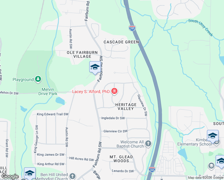 map of restaurants, bars, coffee shops, grocery stores, and more near 3605 Revere Road Southwest in Atlanta