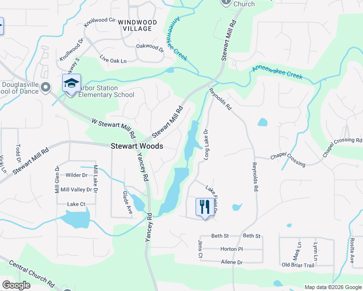 map of restaurants, bars, coffee shops, grocery stores, and more near 3562 Lanier Drive in Douglasville