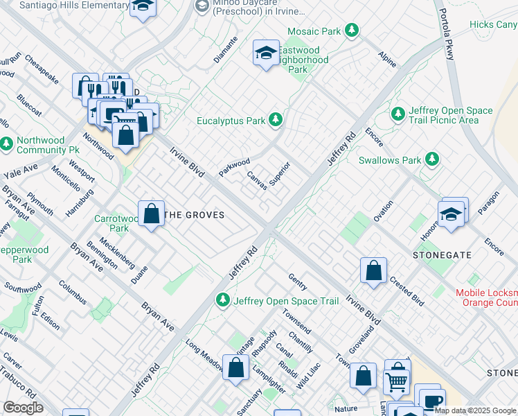 map of restaurants, bars, coffee shops, grocery stores, and more near 120 Bishop Landing in Irvine