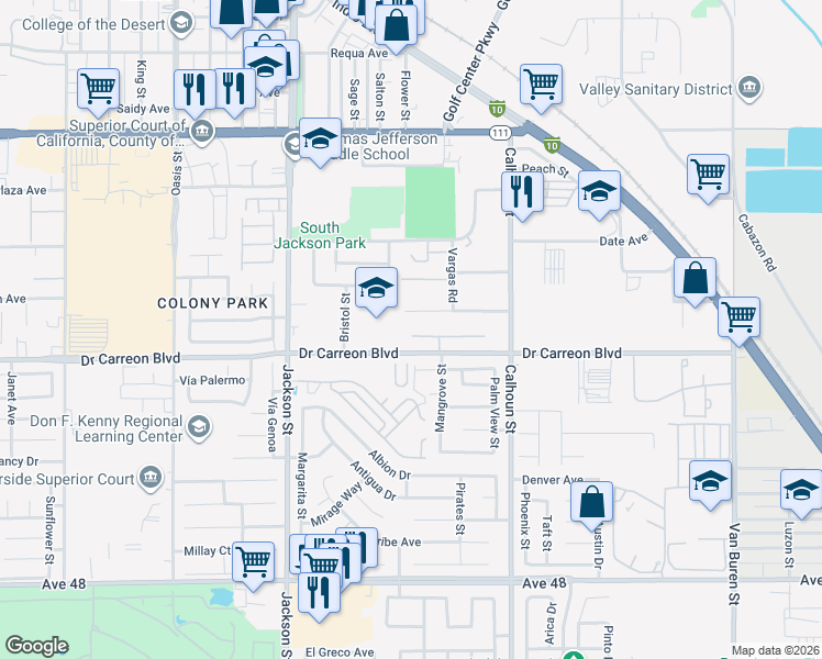 map of restaurants, bars, coffee shops, grocery stores, and more near 83313 Corte Presidente in Indio