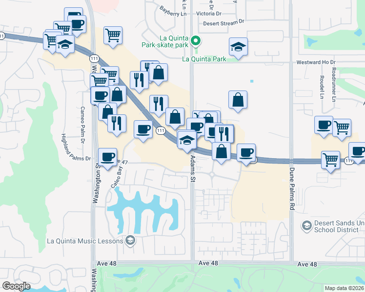 map of restaurants, bars, coffee shops, grocery stores, and more near 78975 California 111 in La Quinta