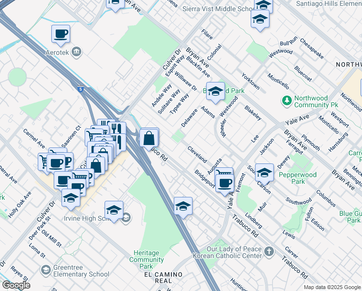 map of restaurants, bars, coffee shops, grocery stores, and more near 14 Wakefield in Irvine