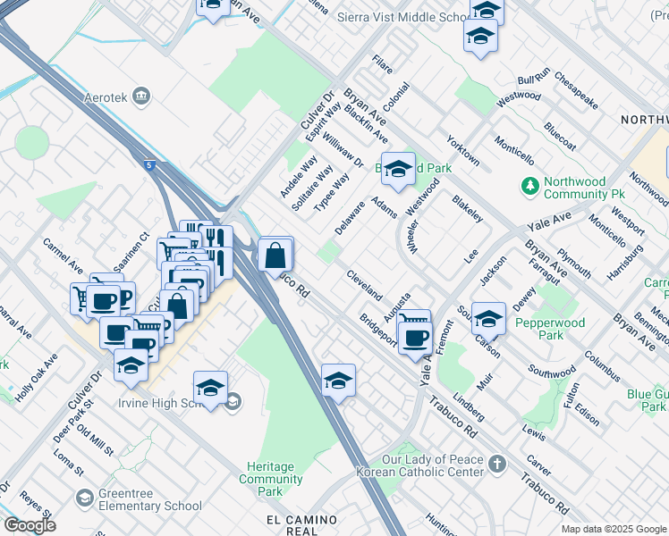 map of restaurants, bars, coffee shops, grocery stores, and more near 14 Wakefield in Irvine