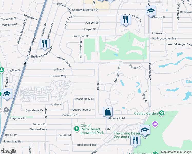 map of restaurants, bars, coffee shops, grocery stores, and more near 73481 Purslane Street in Palm Desert
