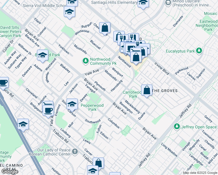 map of restaurants, bars, coffee shops, grocery stores, and more near 28 Cambridge in Irvine