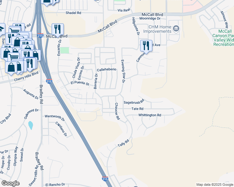 map of restaurants, bars, coffee shops, grocery stores, and more near 27535 Canterbury Street in Menifee