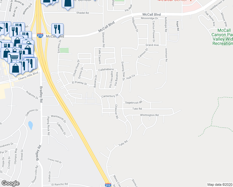 map of restaurants, bars, coffee shops, grocery stores, and more near 27535 Canterbury Street in Menifee