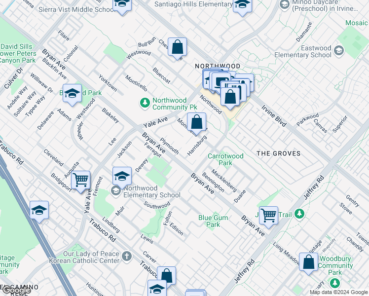 map of restaurants, bars, coffee shops, grocery stores, and more near 28 Cambridge in Irvine
