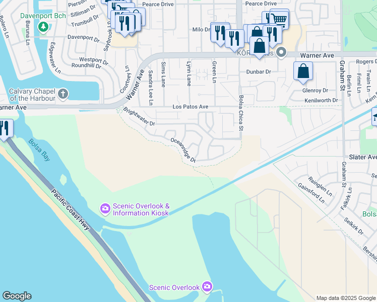map of restaurants, bars, coffee shops, grocery stores, and more near 4731 Oceanridge Drive in Huntington Beach