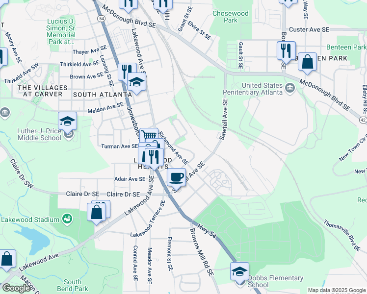 map of restaurants, bars, coffee shops, grocery stores, and more near 1104 Oak Knoll Terrace Southeast in Atlanta