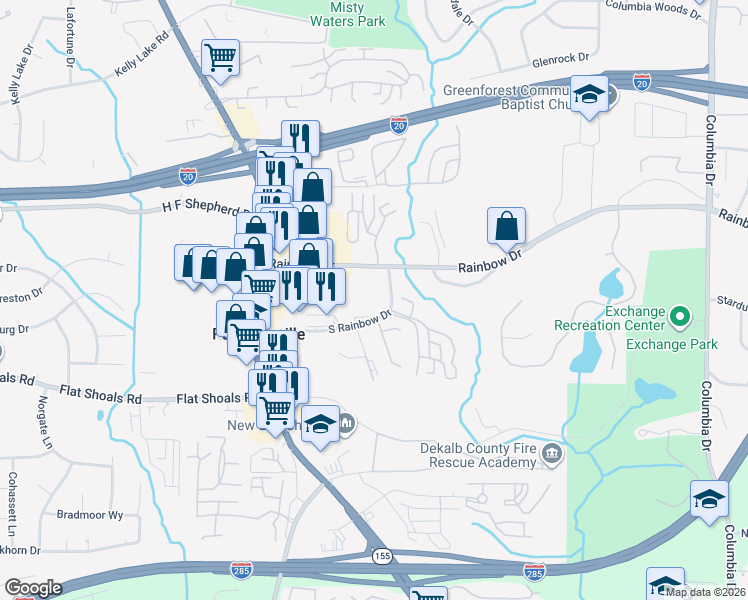 map of restaurants, bars, coffee shops, grocery stores, and more near 3015 Rainbow Drive in Decatur