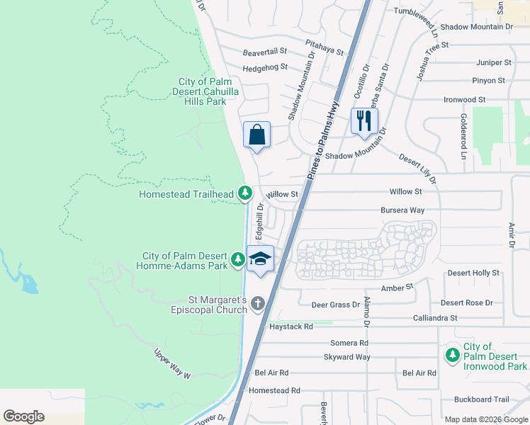 map of restaurants, bars, coffee shops, grocery stores, and more near 72611 Edgehill Drive in Palm Desert