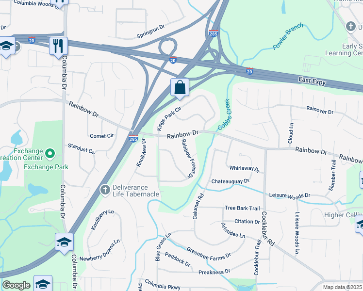 map of restaurants, bars, coffee shops, grocery stores, and more near 2673 Rainbow Forest Drive in Decatur