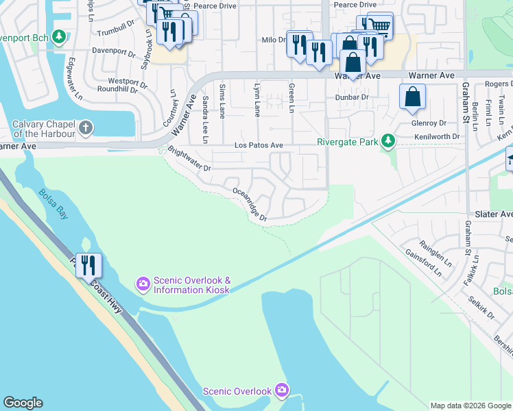 map of restaurants, bars, coffee shops, grocery stores, and more near 4731 Oceanridge Drive in Huntington Beach