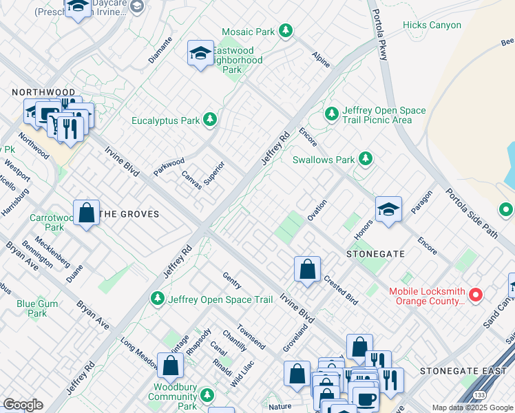 map of restaurants, bars, coffee shops, grocery stores, and more near 72 Rembrandt in Irvine
