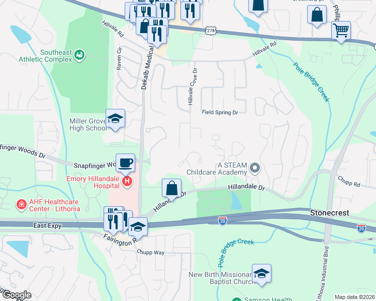 map of restaurants, bars, coffee shops, grocery stores, and more near 6011 Regent Manor in Lithonia