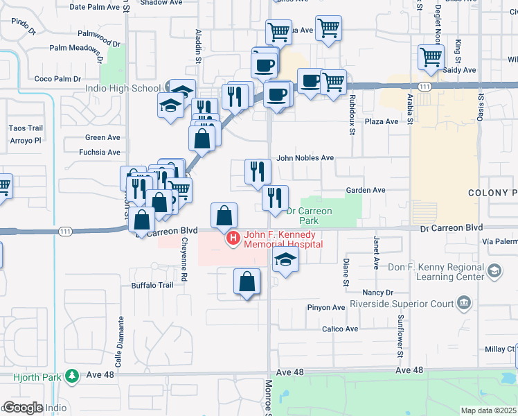 map of restaurants, bars, coffee shops, grocery stores, and more near 46883 Monroe Street in Indio