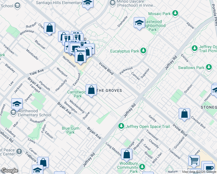 map of restaurants, bars, coffee shops, grocery stores, and more near Johnson Drive in Irvine
