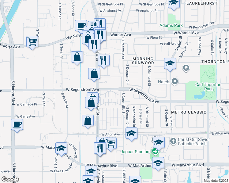 map of restaurants, bars, coffee shops, grocery stores, and more near 2640 West Segerstrom Avenue in Santa Ana