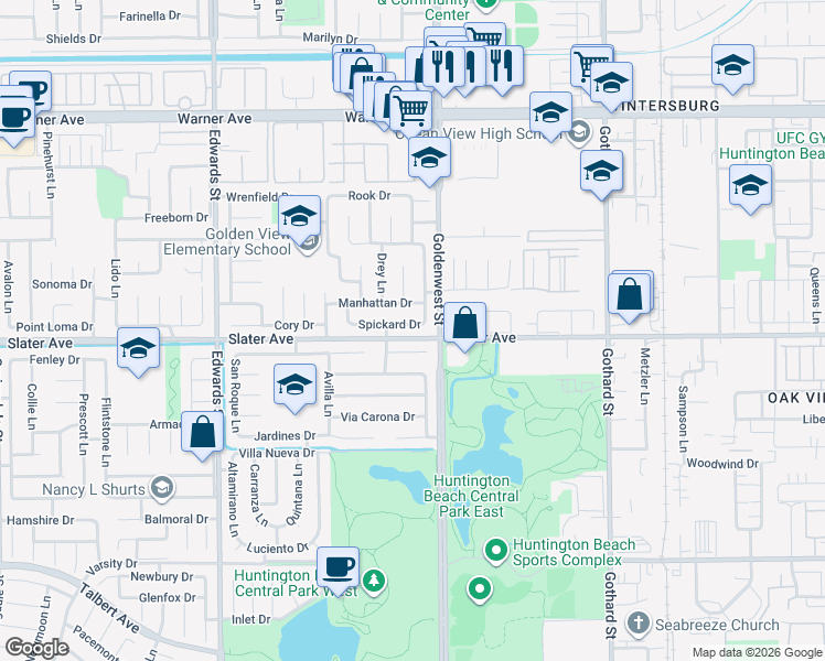 map of restaurants, bars, coffee shops, grocery stores, and more near 6922 Spickard Drive in Huntington Beach