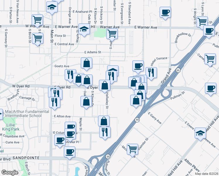 map of restaurants, bars, coffee shops, grocery stores, and more near 604 E Dyer Rd in Santa Ana