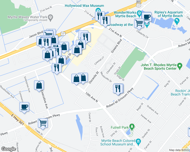map of restaurants, bars, coffee shops, grocery stores, and more near 1011 Osceola Street in Myrtle Beach