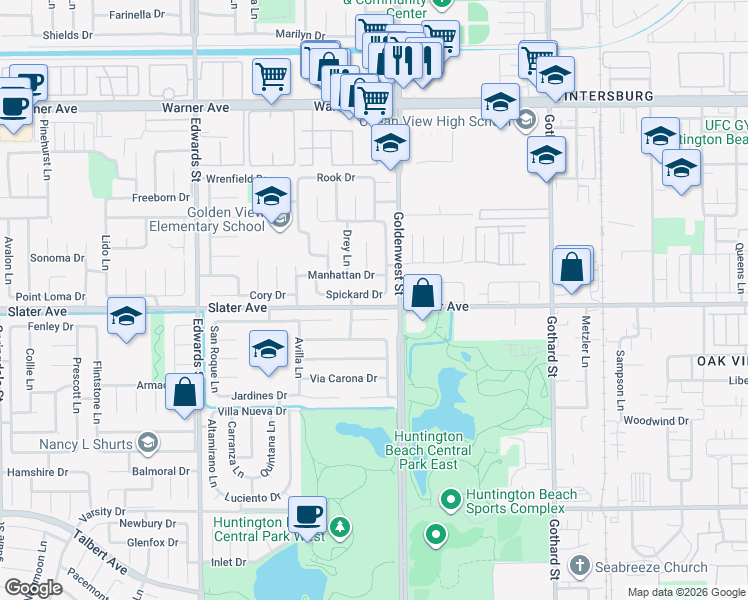 map of restaurants, bars, coffee shops, grocery stores, and more near 6922 Spickard Drive in Huntington Beach