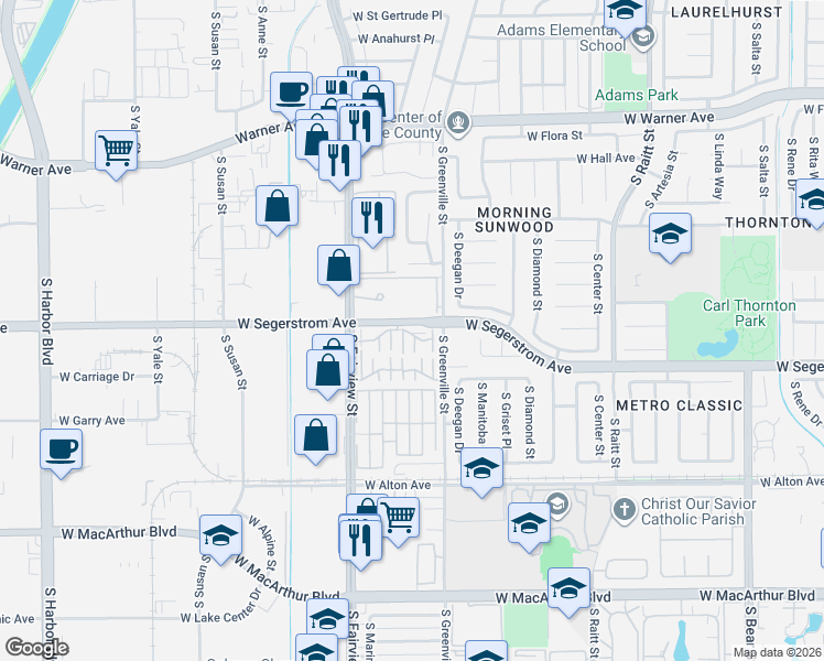 map of restaurants, bars, coffee shops, grocery stores, and more near 2640 West Segerstrom Avenue in Santa Ana