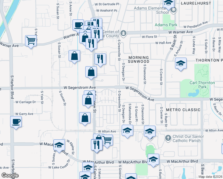 map of restaurants, bars, coffee shops, grocery stores, and more near 2730C West Segerstrom Avenue in Santa Ana