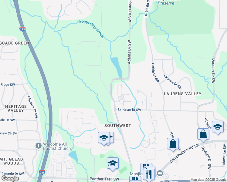 map of restaurants, bars, coffee shops, grocery stores, and more near 1700 Adams Drive Southwest in Atlanta