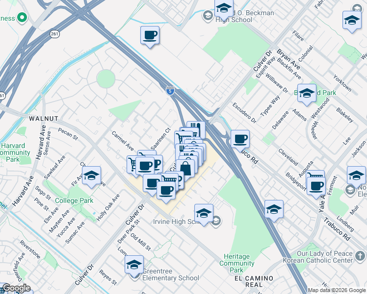 map of restaurants, bars, coffee shops, grocery stores, and more near 14172 Moore Court in Irvine