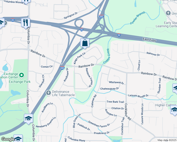 map of restaurants, bars, coffee shops, grocery stores, and more near 2678 Rainbow Forest Drive in Decatur