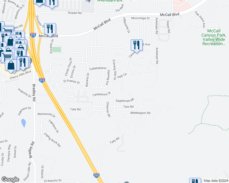 map of restaurants, bars, coffee shops, grocery stores, and more near 28376 Evening Star Drive in Menifee