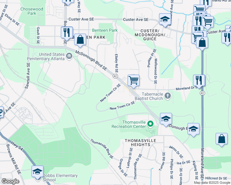 map of restaurants, bars, coffee shops, grocery stores, and more near 690 New Town Circle Southeast in Atlanta