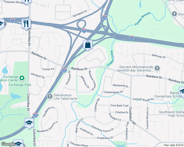 map of restaurants, bars, coffee shops, grocery stores, and more near 2700 Rainbow Forest Drive in Decatur
