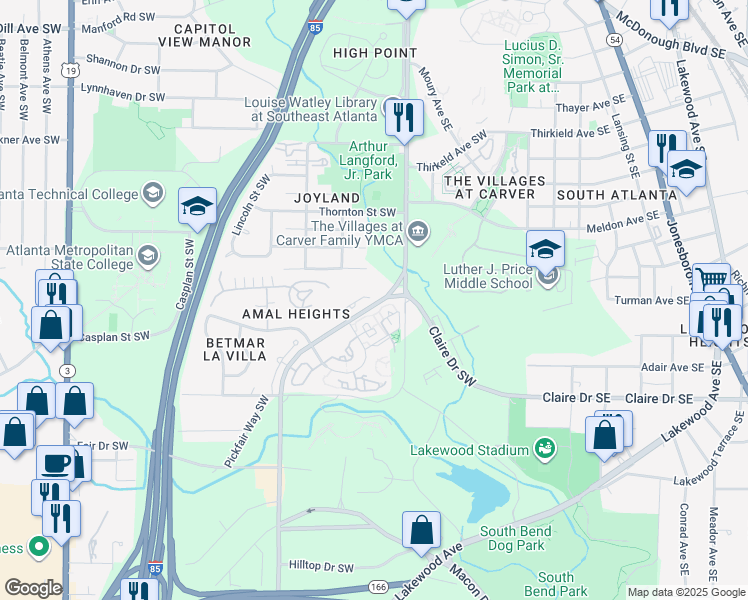 map of restaurants, bars, coffee shops, grocery stores, and more near 1731 Pryor Road Southwest in Atlanta