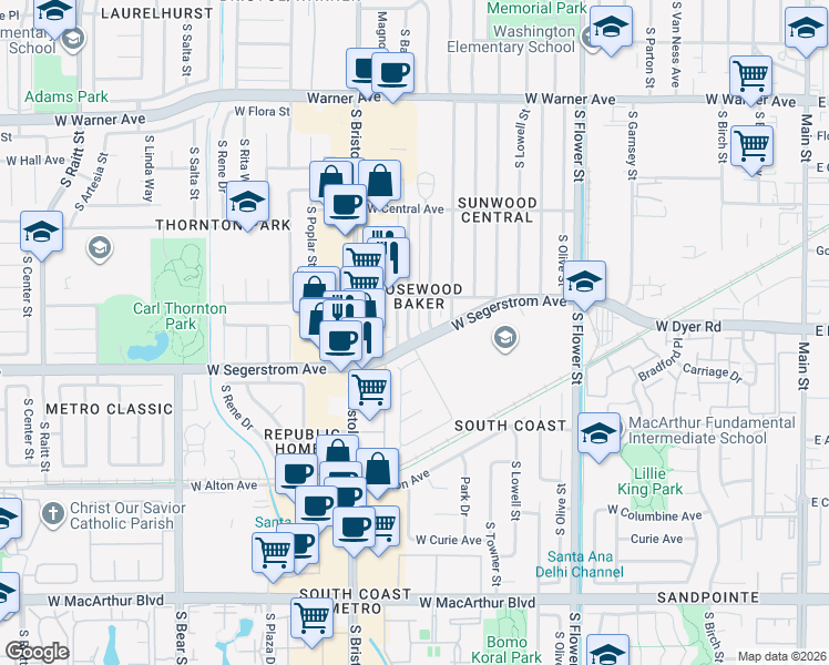map of restaurants, bars, coffee shops, grocery stores, and more near 2809 South Baker Street in Santa Ana