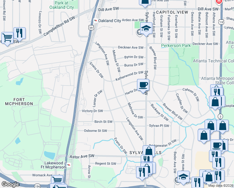 map of restaurants, bars, coffee shops, grocery stores, and more near 1696 Langston Avenue Southwest in Atlanta