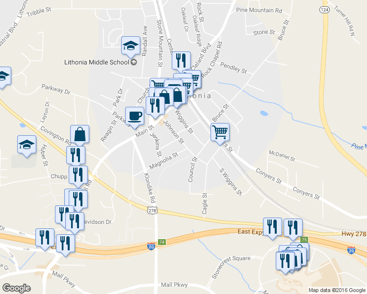map of restaurants, bars, coffee shops, grocery stores, and more near 2637 Johnson Street in Lithonia