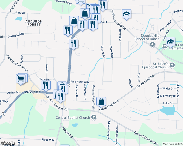 map of restaurants, bars, coffee shops, grocery stores, and more near 3553 Douglas Ridge Trail in Douglasville