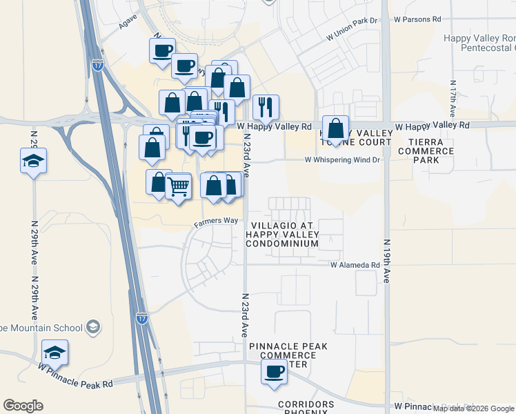 map of restaurants, bars, coffee shops, grocery stores, and more near 24439 North 23rd Avenue in Phoenix
