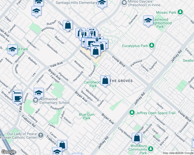 map of restaurants, bars, coffee shops, grocery stores, and more near 60 Cape Cod in Irvine