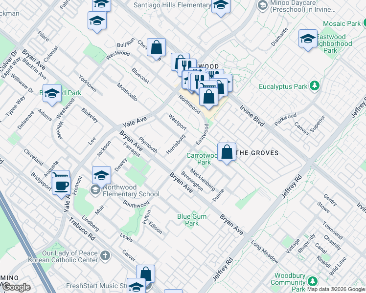 map of restaurants, bars, coffee shops, grocery stores, and more near 9 Nantucket in Irvine