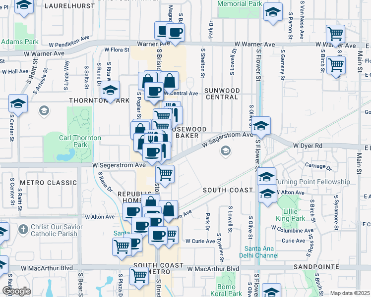 map of restaurants, bars, coffee shops, grocery stores, and more near 1105 Carriage Drive in Santa Ana
