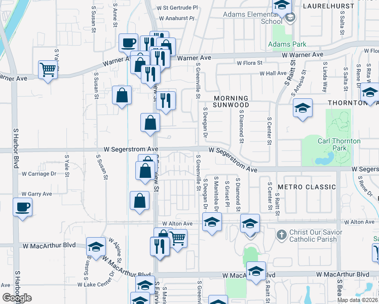 map of restaurants, bars, coffee shops, grocery stores, and more near 2630 West Segerstrom Avenue in Santa Ana