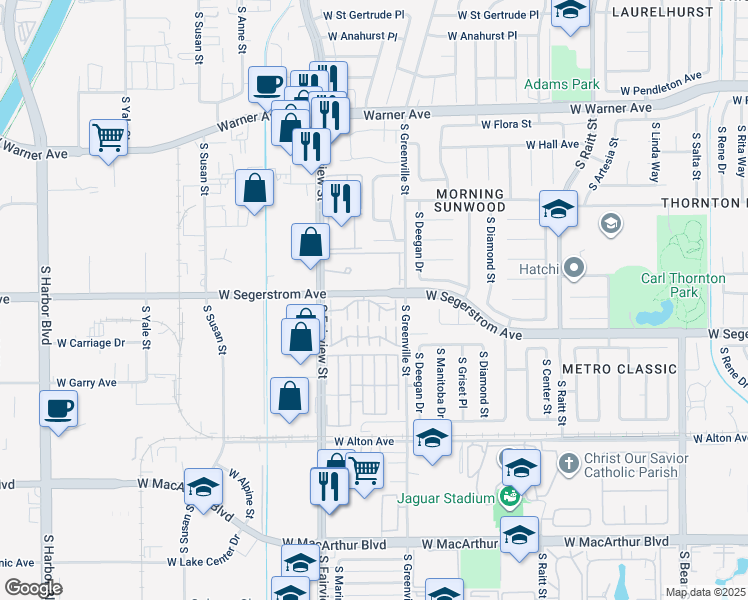 map of restaurants, bars, coffee shops, grocery stores, and more near 2730C West Segerstrom Avenue in Santa Ana