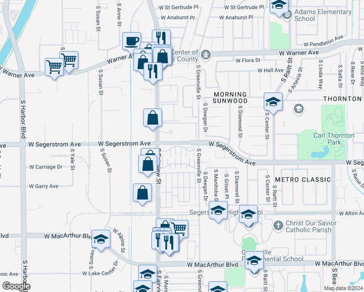 map of restaurants, bars, coffee shops, grocery stores, and more near 2730C West Segerstrom Avenue in Santa Ana